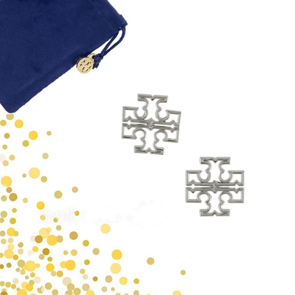 Tory Burch Britten Logo Silver Stud Earrings NWQT